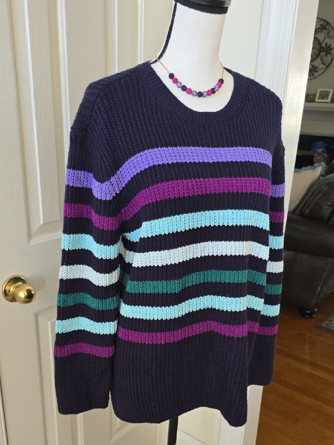 St Johns Bay Brand Womens Petite Blue  Purple Stripes Pullover Sweater Size Lp